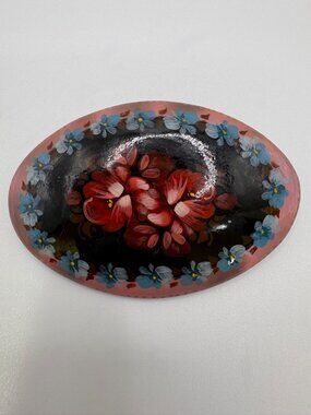 Signed Russian Lacquer Hand Painted Floral Brooch Black Pink Blue Gold